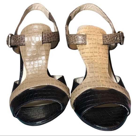 NINE WEST Hammer Croc Texture Slingback Peeptoe Tri-Color Heels Sz 5 - Picture 3 of 9